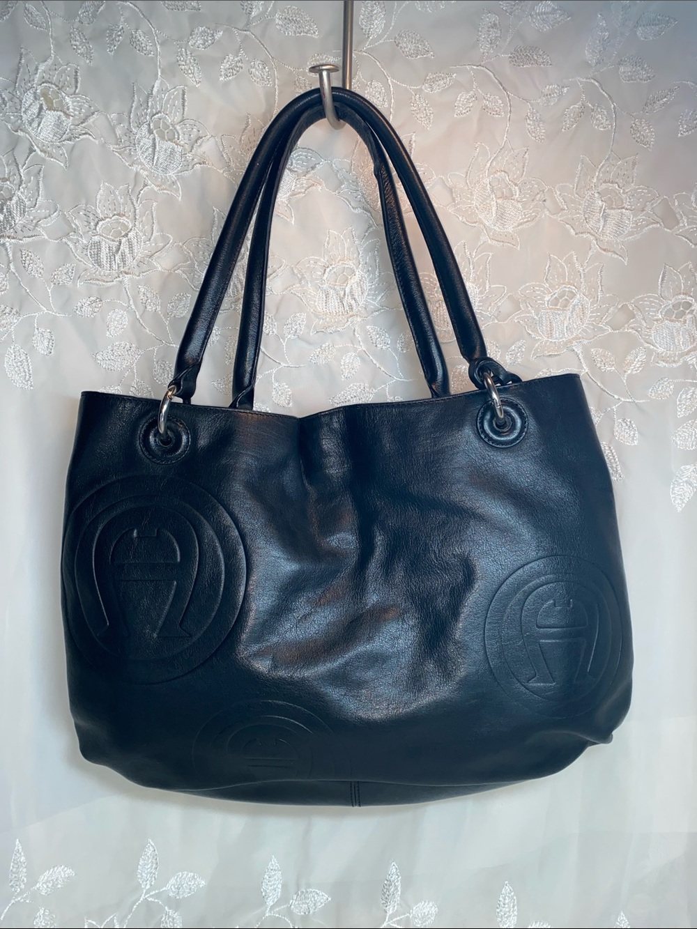 Etienne Aigner Black Leather Embossed Logo Tote
